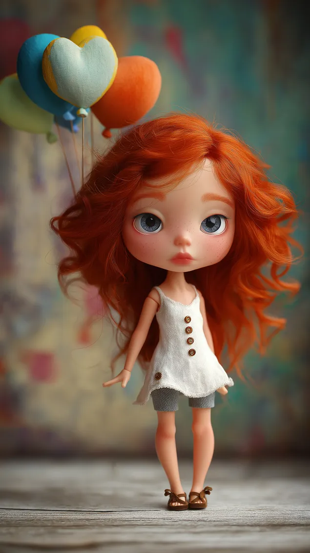Ταπετσαρία Χαριτωμένη κοκκινομάλλα κούκλα με μπλε μάτια και μπαλόνια σε σχήμα καρδιάς HD