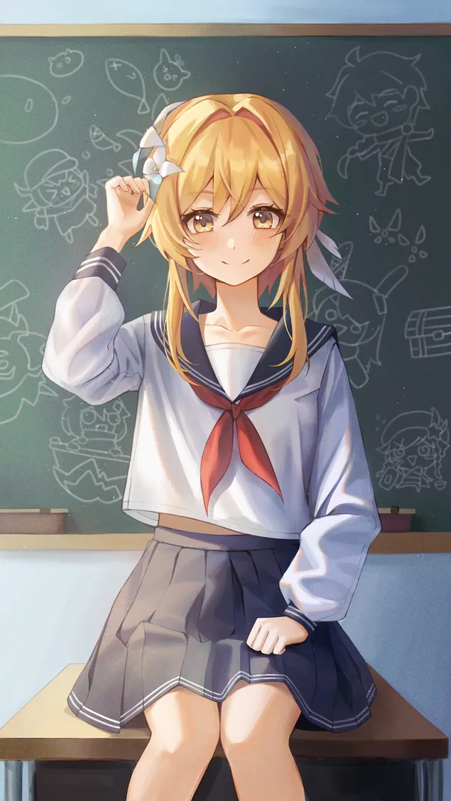 Cute school girl Lumine | Genshin Impact  2K wallpaper