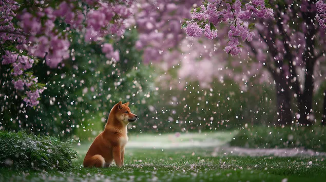 Prikupen mladiček Shiba Inu v čudovitem cvetličnem okolju 2K ozadje