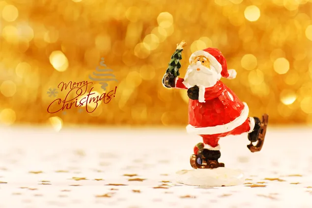 Santa Claus skating lucu memegang pohon Natal dengan latar belakang lampu Bokeh 4K wallpaper