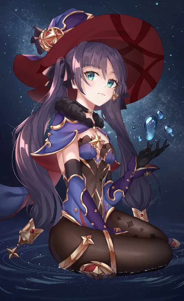 Páipéar balla Cailleach gleoite Mona ag imirt le huisce | Tionchar GenshinHD