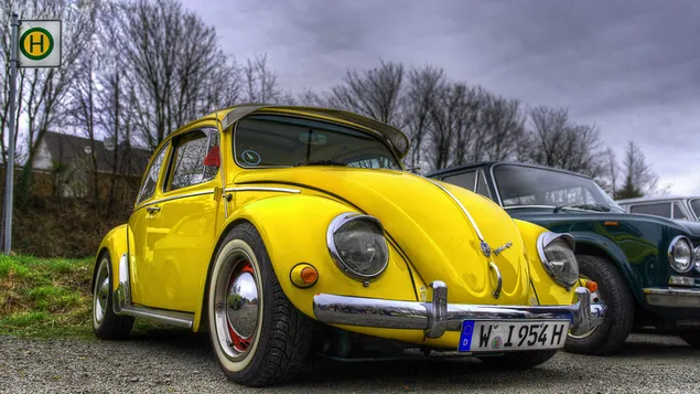 Netter gelber Volkswagen-Käfer 4K Hintergrundbild
