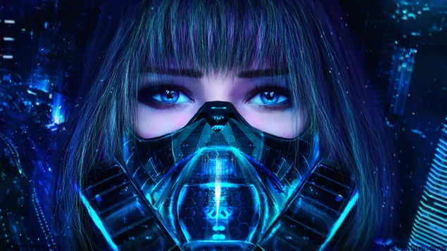 Cyber Purple Hair Blue Eyes masked Woman