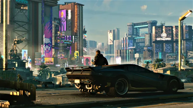 Cyberpunk 2077 anime and black car in the city 4K wallpaper