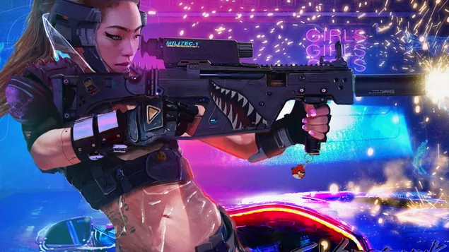 لعبة Cyberpunk 2077 - إطلاق النار على فتاة آسيوية 4K خلفية