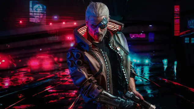 'Cyberpunk 2077' videospill (Cyborg Geralt Cosplay fra 'The Witcher 3') 4K bakgrunn