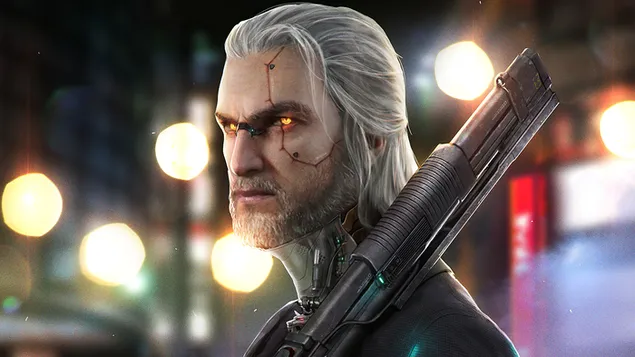 Videogame 'Cyberpunk 2077' [Cyborg Geralt uit 'The Witcher 3']