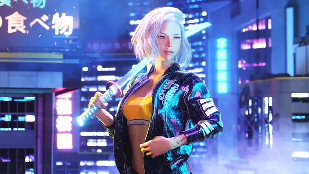 Hình nền Trò chơi điện tử 'Cyberpunk 2077' (Cô gái người máy với Katana) 4K