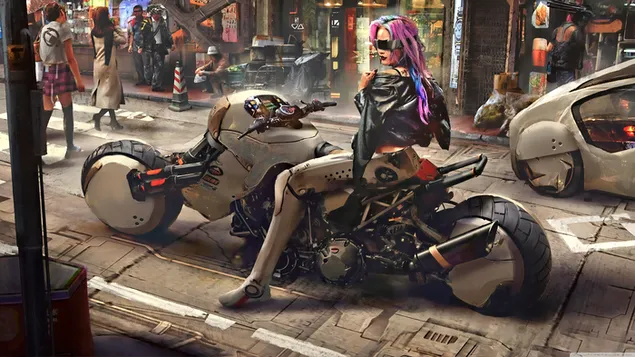 Cyberpunk 2077 Videospiel, Mädchen mit langen rosa Haaren, auf einem Motorrad herunterladen