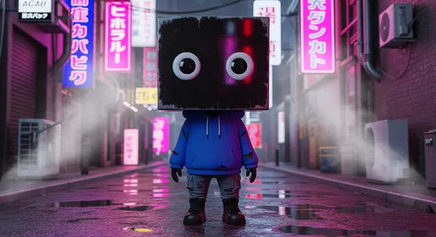 דמות סייברפאנק סמטה בגשם ניאון כרקע לשולחן העבודה 4K טפט