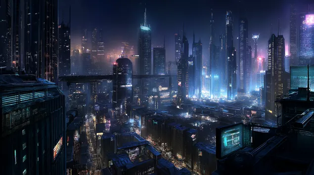 קו רקיע של עיר סייברפאנק בלילה 2K טפט