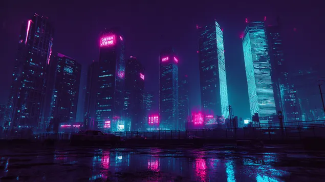kiberpanka pilsetas ainava nakti ar neona mirdzumu un atspulgiem lejupieladet