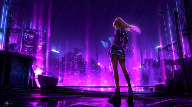 Paisagem urbana cyberpunk com figura solitária sob luzes de neon 2K papel de parede