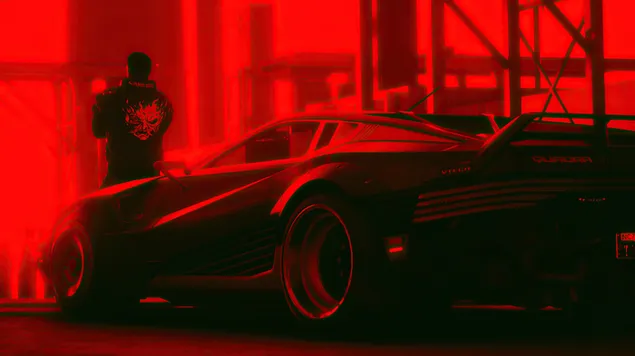 cyberpunk | buduce auto a cervene tmave pozadie stiahnut