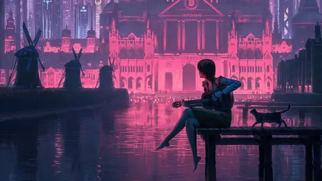 Cyberpunk girl playing guitar 4K wallpaper