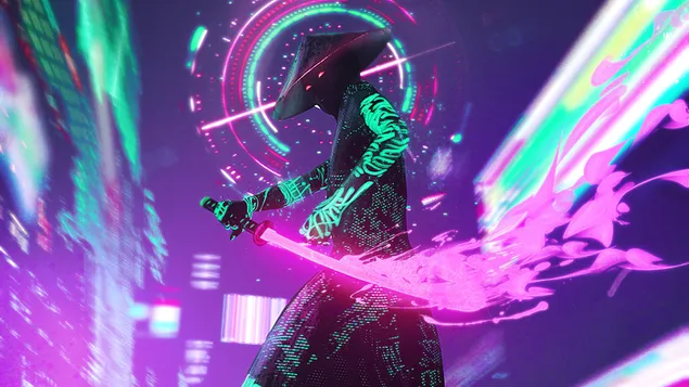 Cyberpunk, Neon Ninja mit lila Feuerschwert herunterladen