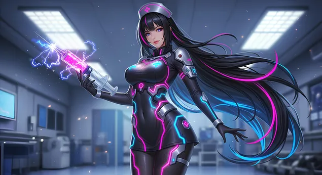 sajberpank medicinska sestra sa svetlecim spricem u bolnici preuzmi