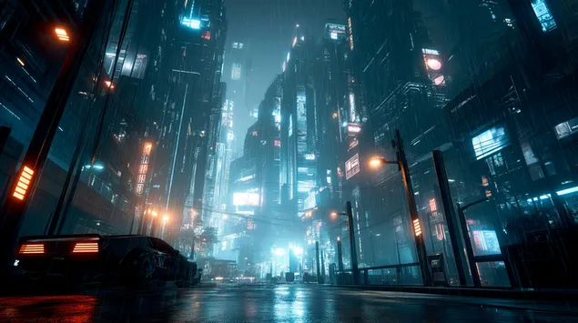 רחוב גשום בסייברפאנק 2K טפט
