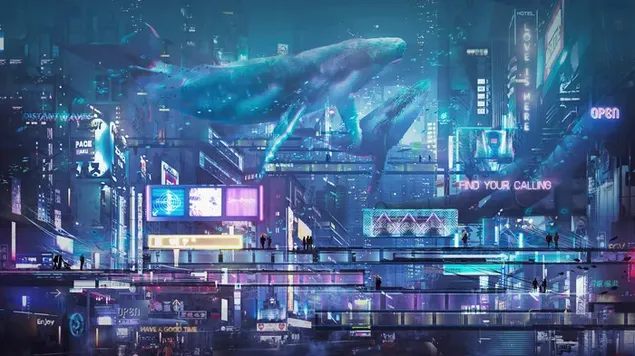 サイバー パンク フィクションの夜の街のホログラム