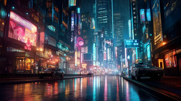 סצנת רחוב סייברפאנק בלילה 2K טפט