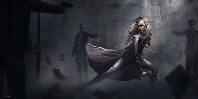 Kiberpanka videospēļu anime blondīne, kas cīnās tumšā kosmosā ar diviem vīriešiem, kuri tur rokās ieročus 4K fona tapete