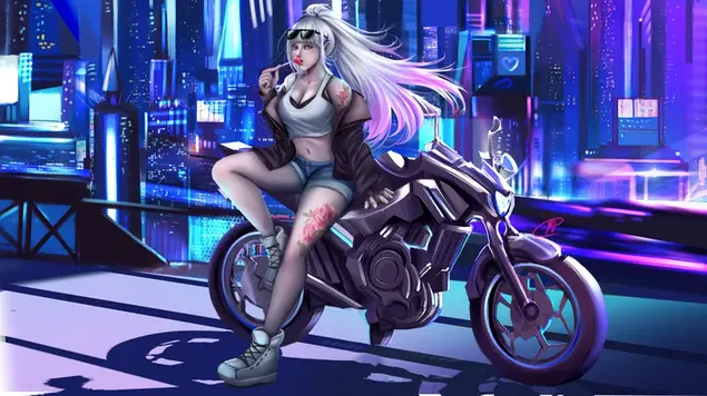 Muat turun Watak permainan video Cyberpunk wanita anime yang cantik dengan rambut panjang berpakaian mini duduk di atas motosikal