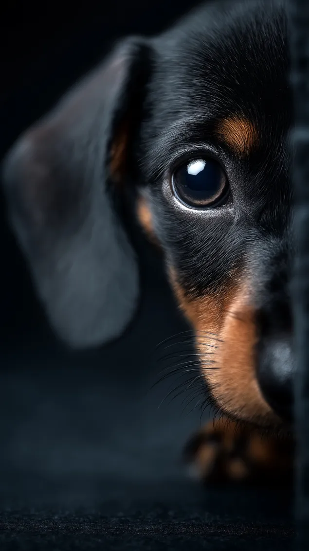 Кученце на дакел отблизо, детайл, скрит на тъмен фон HD тапет