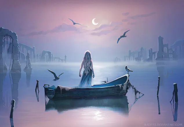 Daenerys Targaryen in Valyria op een bootkunstwerk