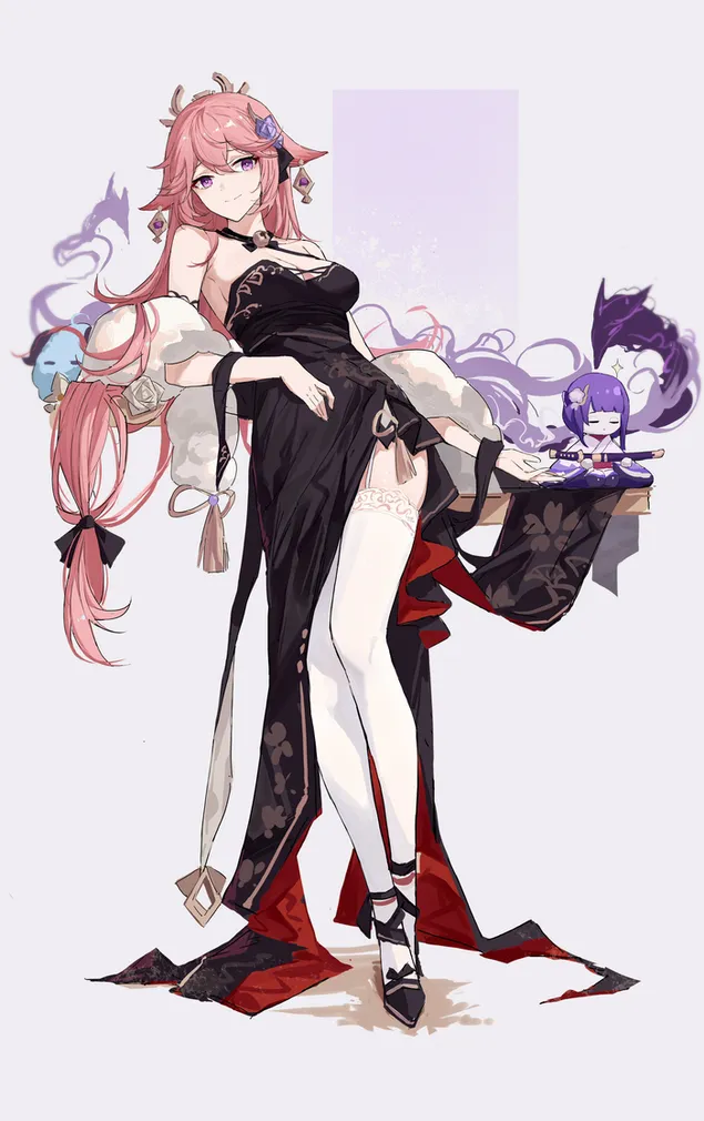 かなり美しい八重巫女のクソ熱い黒のドレス (巌心インパクト) HD 壁紙