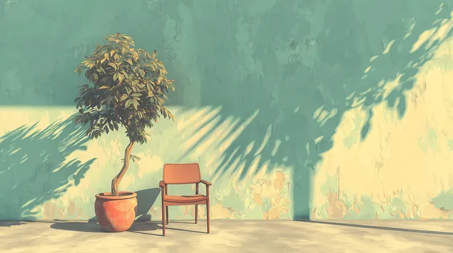 צללי צמחים רוקדים על קיר מרקם באור שמש עדין 2K טפט