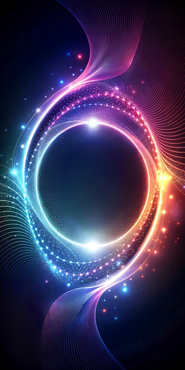 Hình nền Nền trừu tượng tối với các vòng tròn trắng phát sáng, các đường phát sáng neon và hiệu ứng hạt 2K