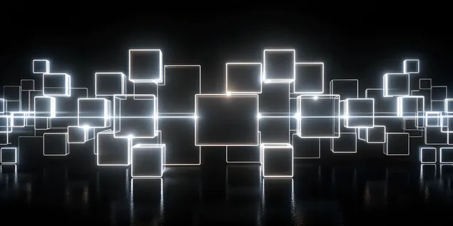 빛나는 흰색 사각형이 서로를 형성하고 네온 글로우 라인이 있는 어두운 추상적인 검은색 배경 4K 배경화면