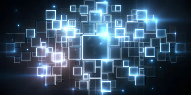 Sfondi i zi abstrakt i errët me katrorë të bardhë të ndezur që formojnë njëri-tjetrin dhe linja holografike të shkëlqimit neoni 4K sfond