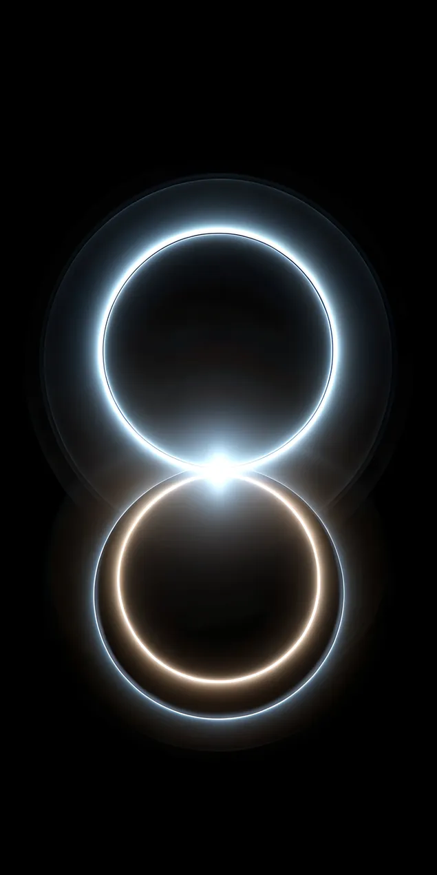 İç içe geçmiş parlak beyaz daireler ve neon ışıklı çizgilerle koyu soyut siyah arka plan 2K duvar kağıdı