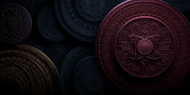 Donker agtergrond met versierde sirkelvormige en geometriese ontwerpe 2K muurpapier