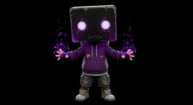 דמות קופסה כהה עם ידיים סגולות זוהרות של אנרגיה במצב כוח רע כרקע לשולחן העבודה 4K טפט