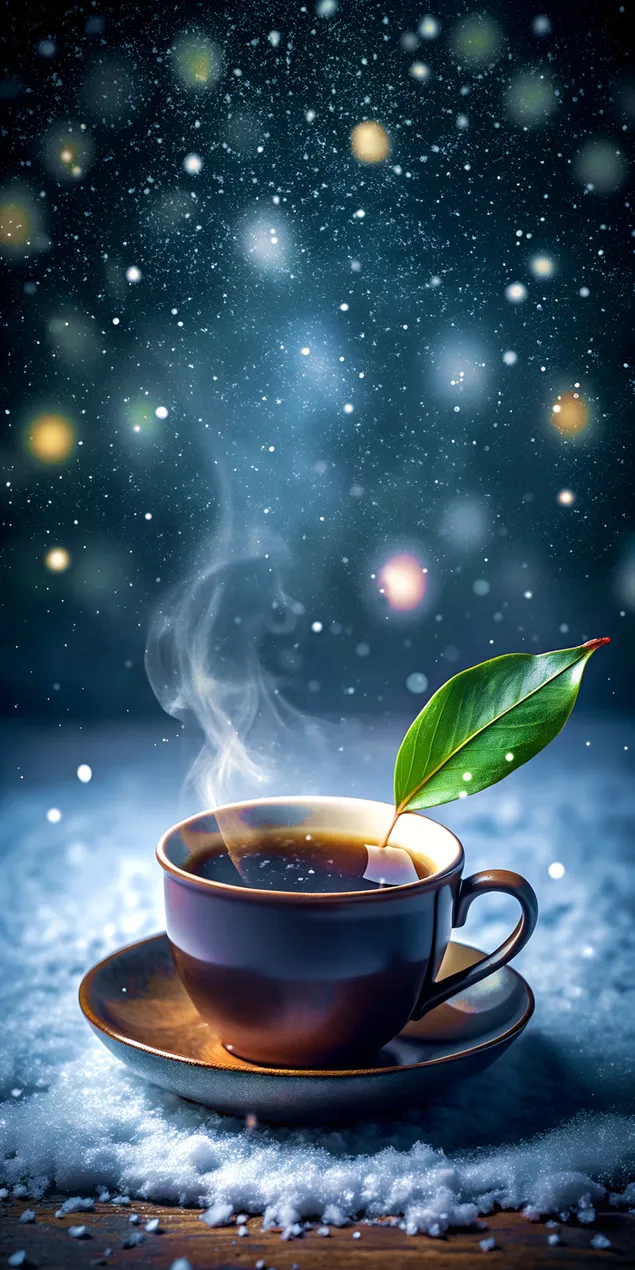 눈 덮인 우아한 입자 배경에 짙은 녹색 잎이 있는 어두운 티컵 2K 배경화면