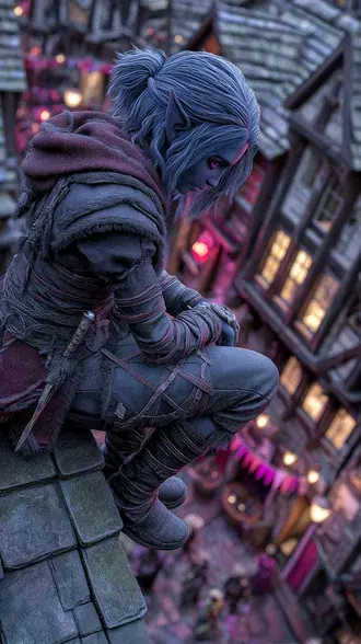 Tapeta Temný fantasy elfí vrah sedící na střeše ve středověkém městě HD