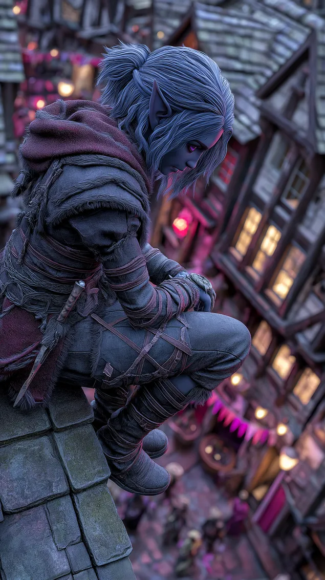 מתנקש גמדים מפנטזיה אפלה יושב על גג בעיירה בסגנון ימי הביניים HD טפט