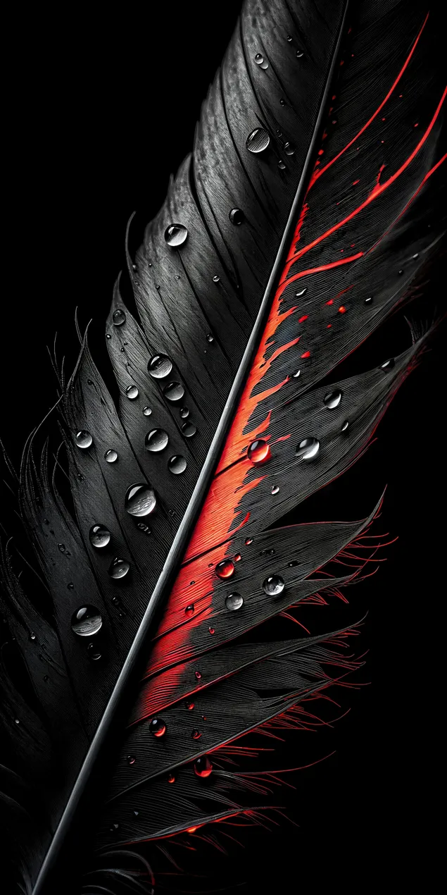 Makrobillede af mørk fjer med levende røde accenter og vanddråber 2K baggrundsbillede