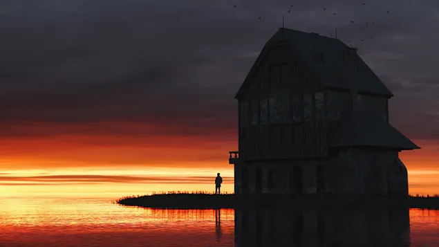 Donker huis midden in de rivier 4K achtergrond