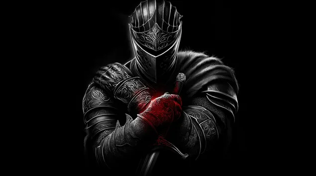 portret temnogo litsarya: voyin u broni z rukoyatkoyu mecha zavantazhiti