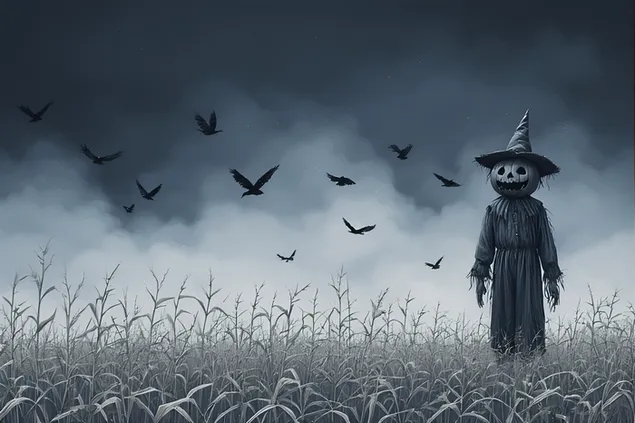 “Spaventapasseri scuro con la testa di zucca in piedi in un campo di grano nebbioso, corvi che volteggiano sotto un cielo notturno tempestoso” 4K sfondo