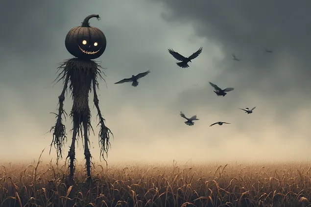 ''spaventapasseri scuro con la testa di zucca in piedi in un campo di grano nebbioso, corvi che volteggiano sotto un cielo notturno tempestoso''2 scarica