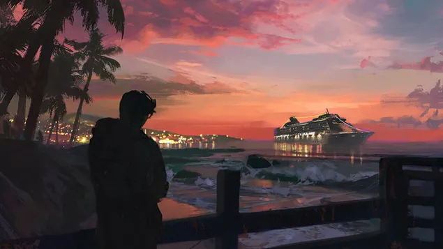 Däischter roude Sonnenënnergang & eleng Guy 4K Tapeten