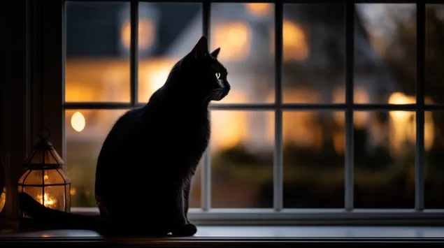 macska sotet sziluettje nez ki az ablakon az esti utcai lampaknal letoltes