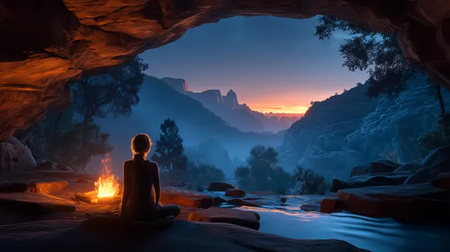 dawns omfavnelse i en hule med utsikt over fjellvann nedlasting