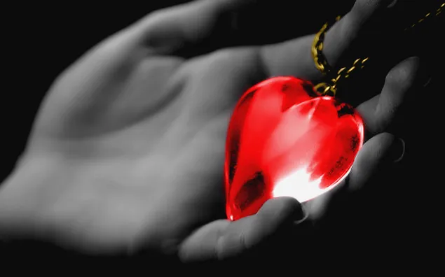 Dây chuyền kim cương đỏ hình trái tim trên bàn tay nghệ thuật đen trắng tải xuống