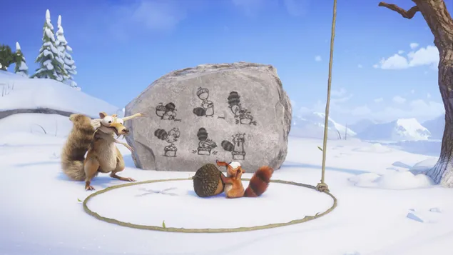 De ongelukkige eekhoornscrat vertelt het plan op de rots voor een ander avontuurplan