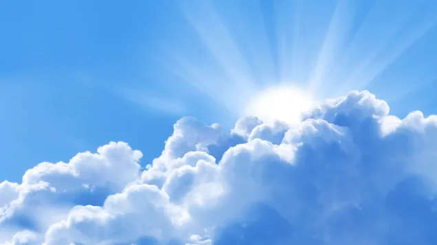 De zon straalt zijn licht uit achter clusters van witte wolken download